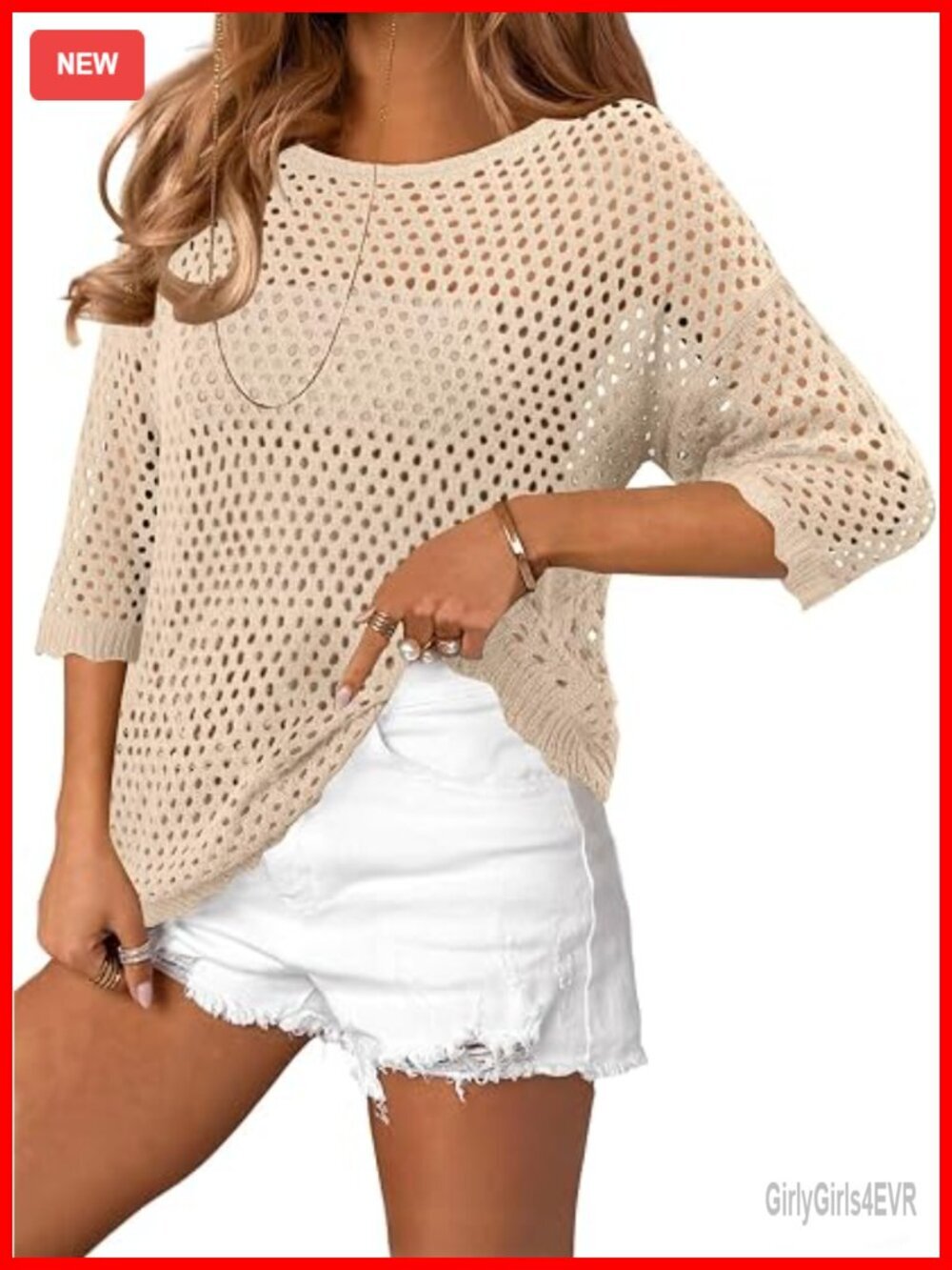 Crochet Hollow Out Top Swim Cover Up Half Sleeve Knit Beach Outfit